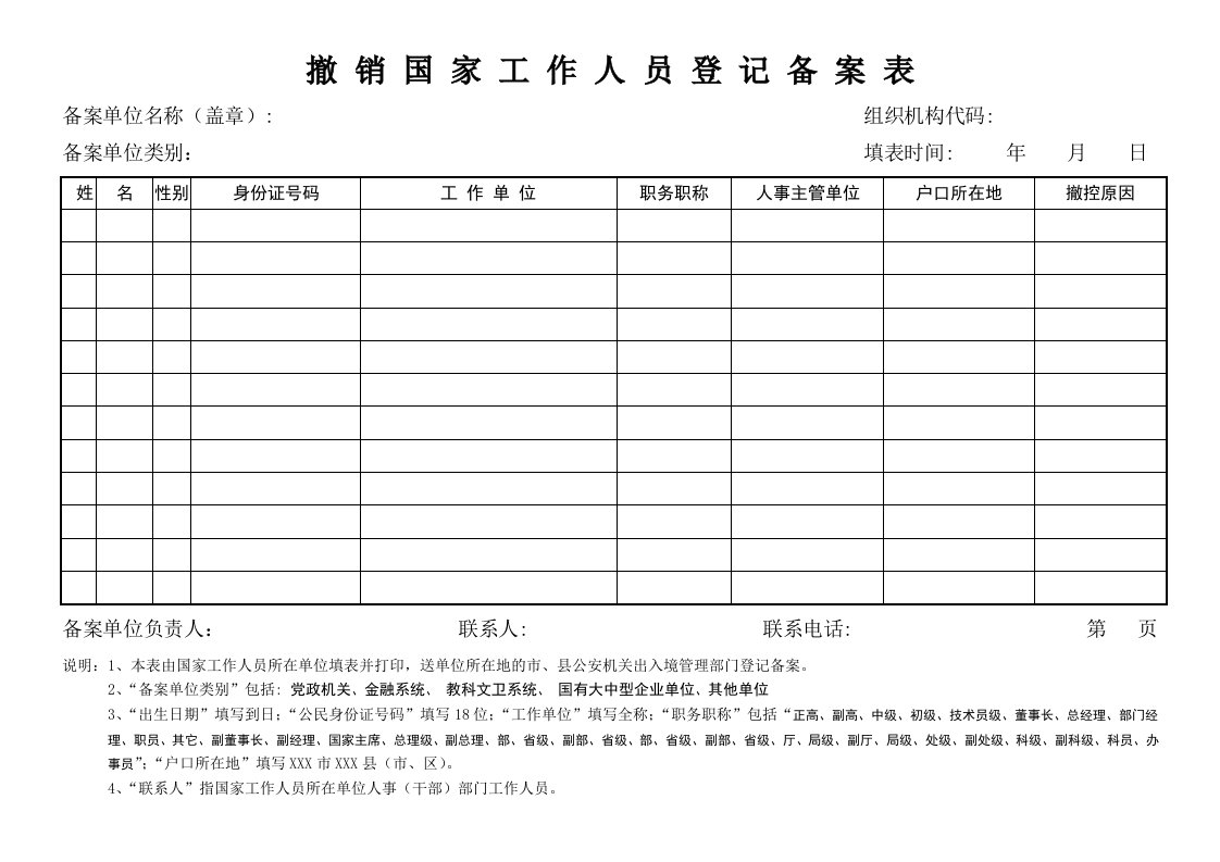 撤销国家工作人员登记备案表