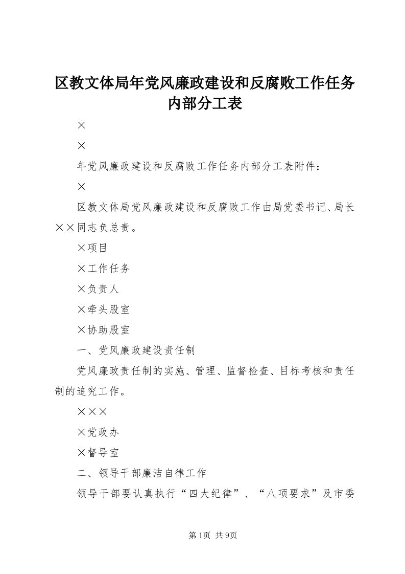 5区教文体局年党风廉政建设和反腐败工作任务内部分工表