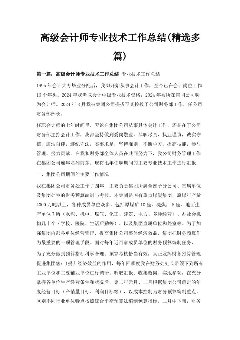 高级会计师专业技术工作总结精选多篇