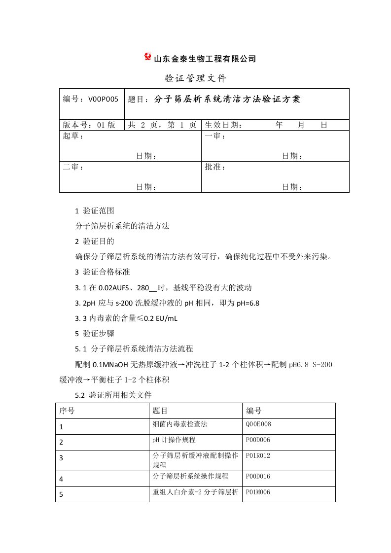 分子筛层析系统清洁方法验证方案