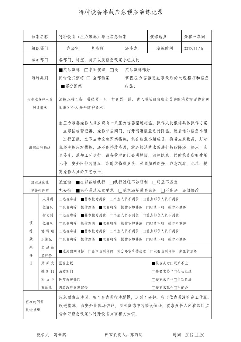 特种设备事故（压力容器）应急预案演练记录