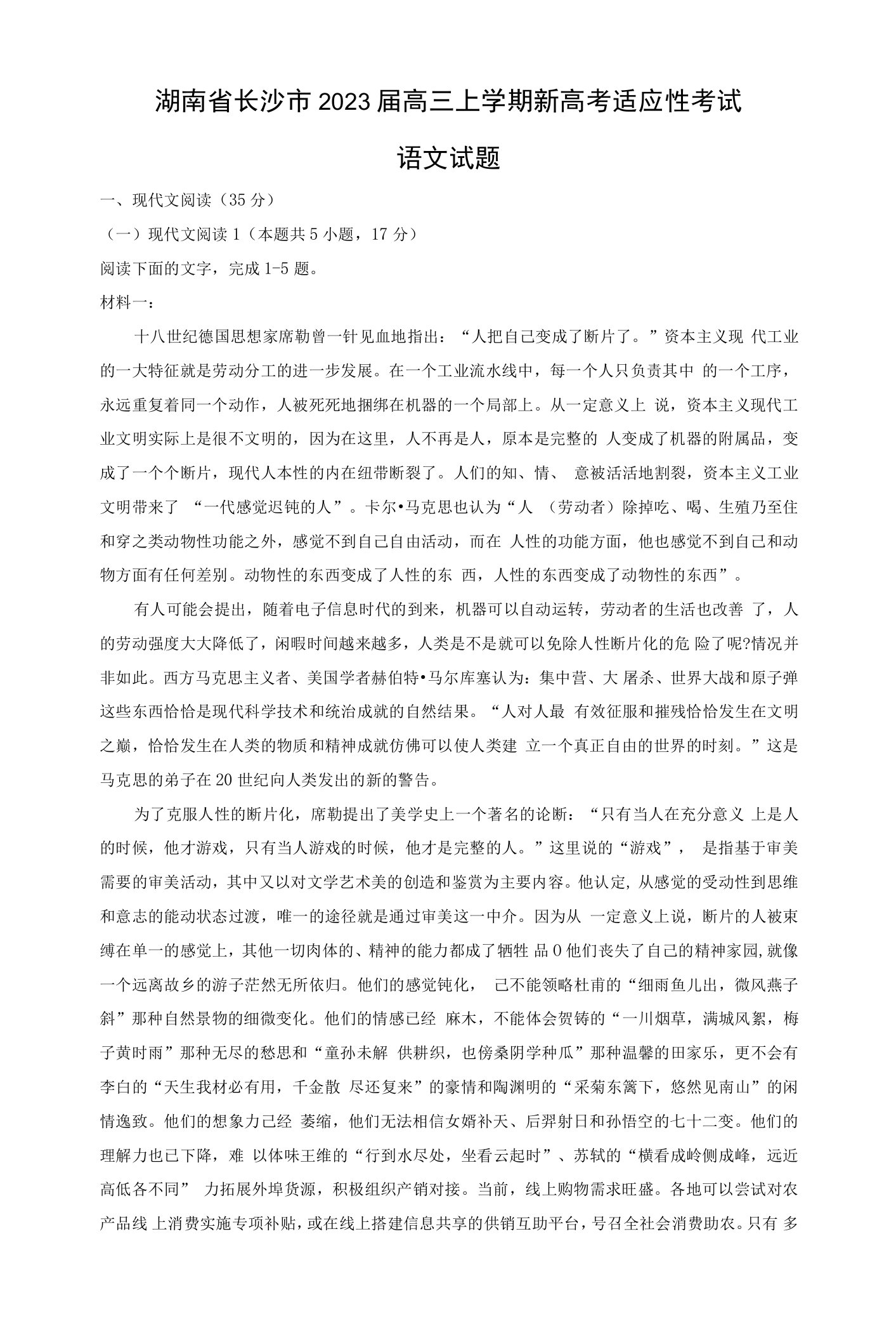 湖南省长沙市2023届高三上学期新高考适应性考试语文试题（解析版）