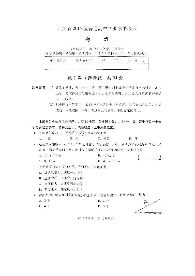 四川省2015级普通高中学业水平考试-物理