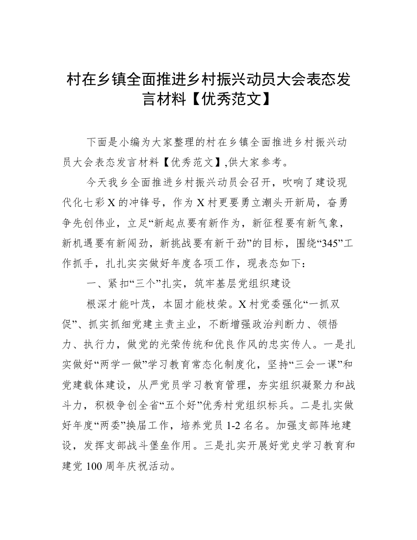 村在乡镇全面推进乡村振兴动员大会表态发言材料【优秀范文】