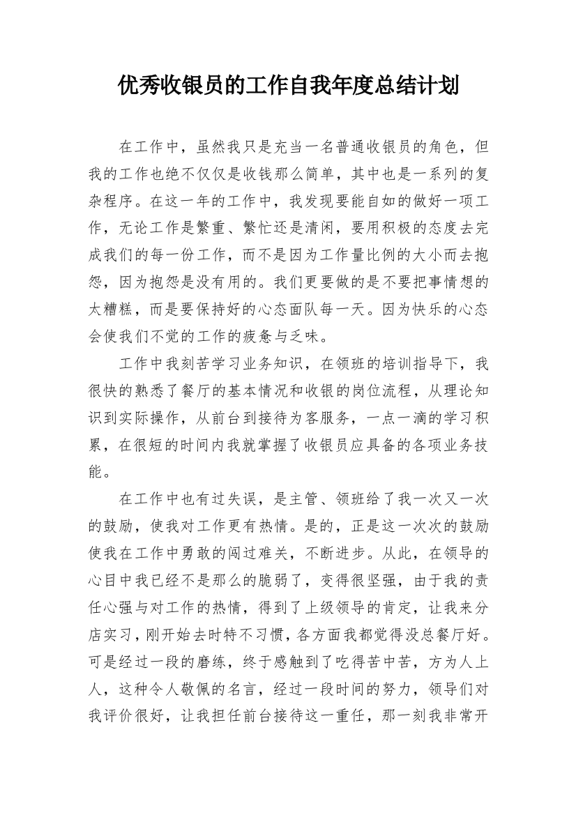 优秀收银员的工作自我年度总结计划