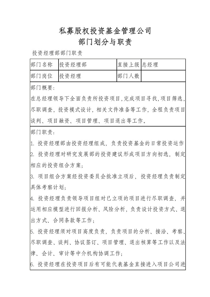 工程资料-私募股权投资基金管理公司部门划分与职责