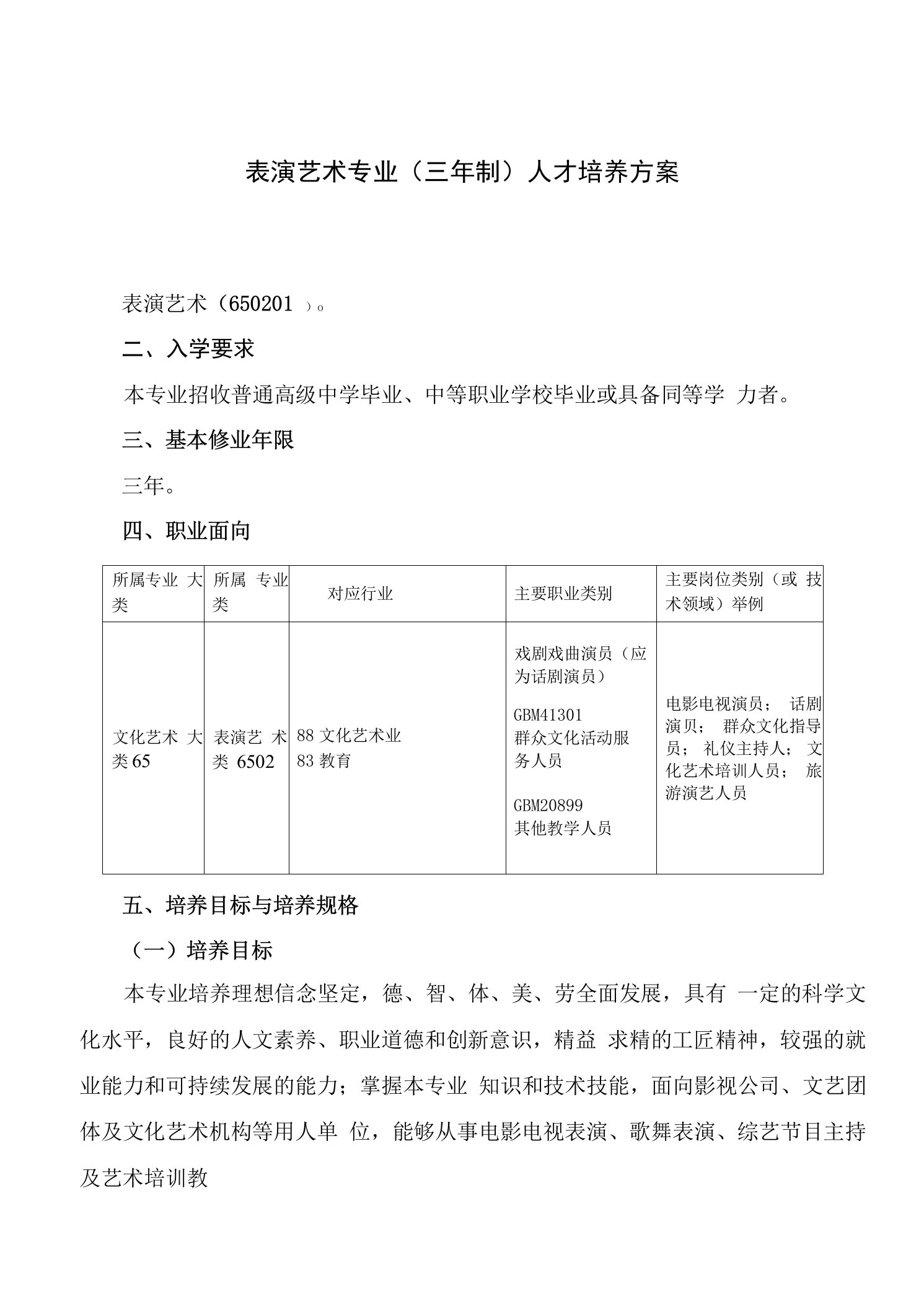 表演艺术专业三年制人才培养方案