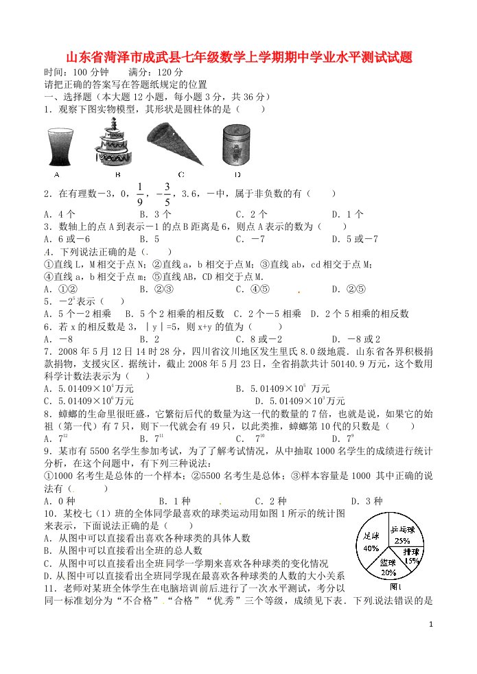 山东省菏泽市成武县七级数学上学期期中学业水平测试试题（无答案）