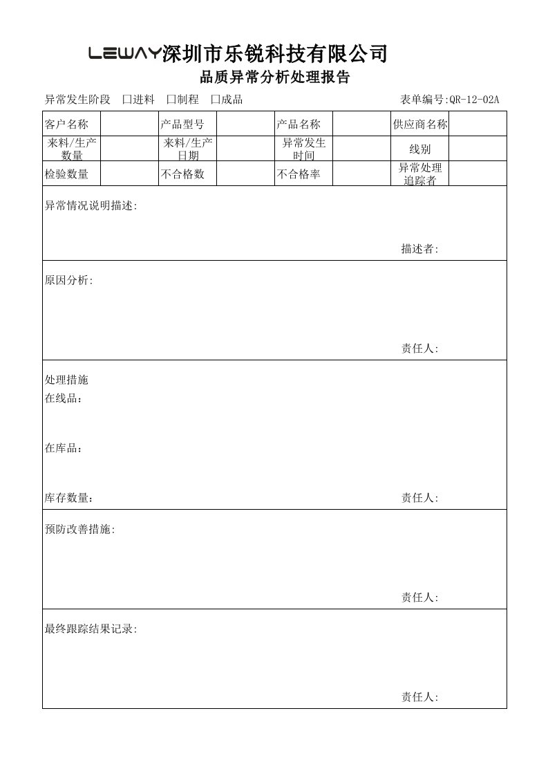 品质异常报告表格1