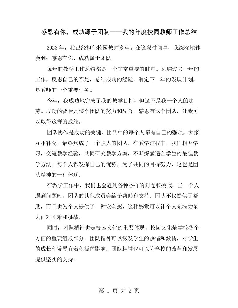 感恩有你，成功源于团队——我的年度校园教师工作总结