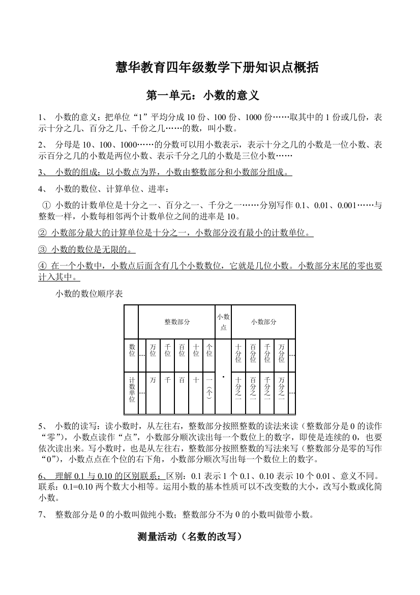 北师大版四年级数学下册知识点概括学生打印版1