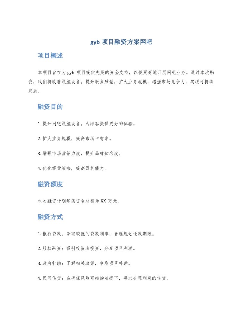 gyb项目融资方案网吧