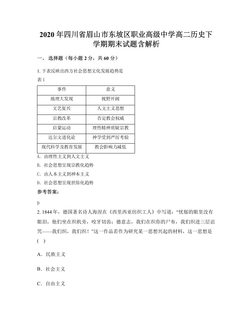 2020年四川省眉山市东坡区职业高级中学高二历史下学期期末试题含解析