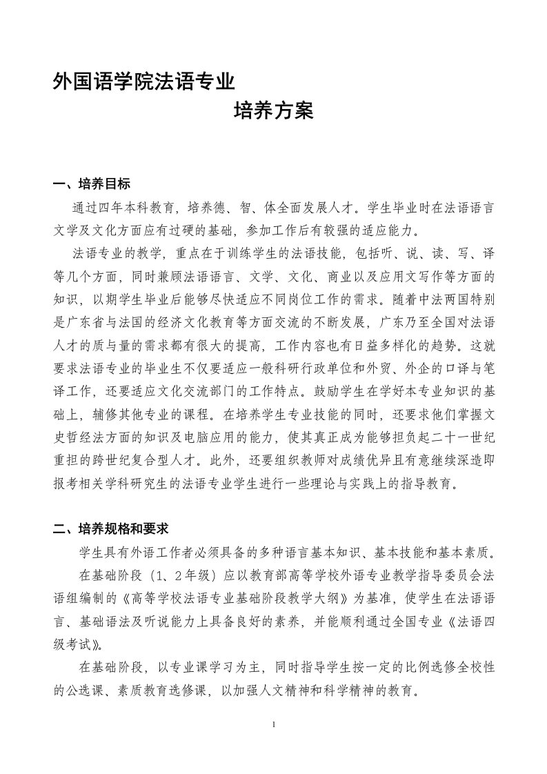 法语专业培养方案