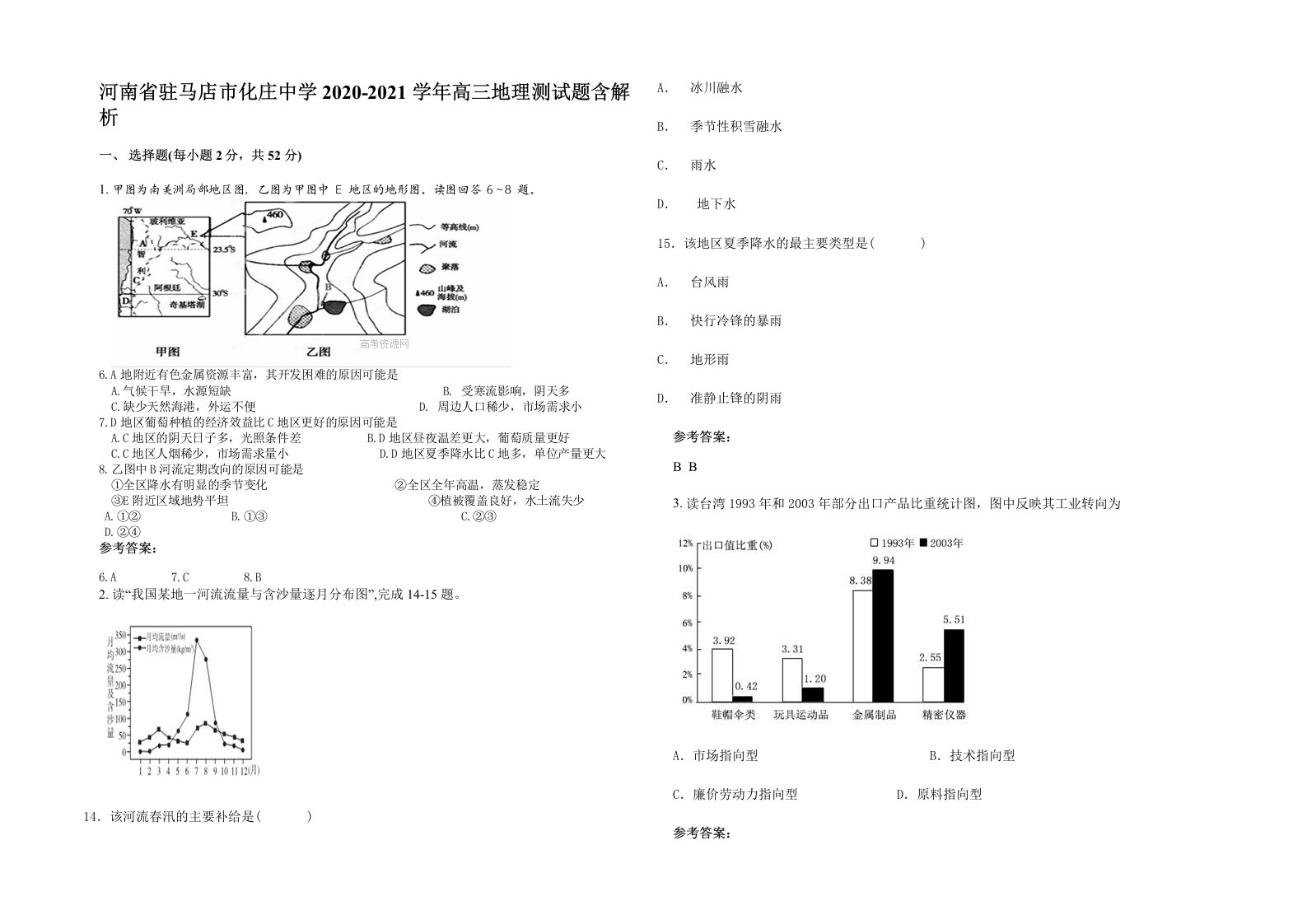 河南省驻马店市化庄中学2020-2021学年高三地理测试题含解析