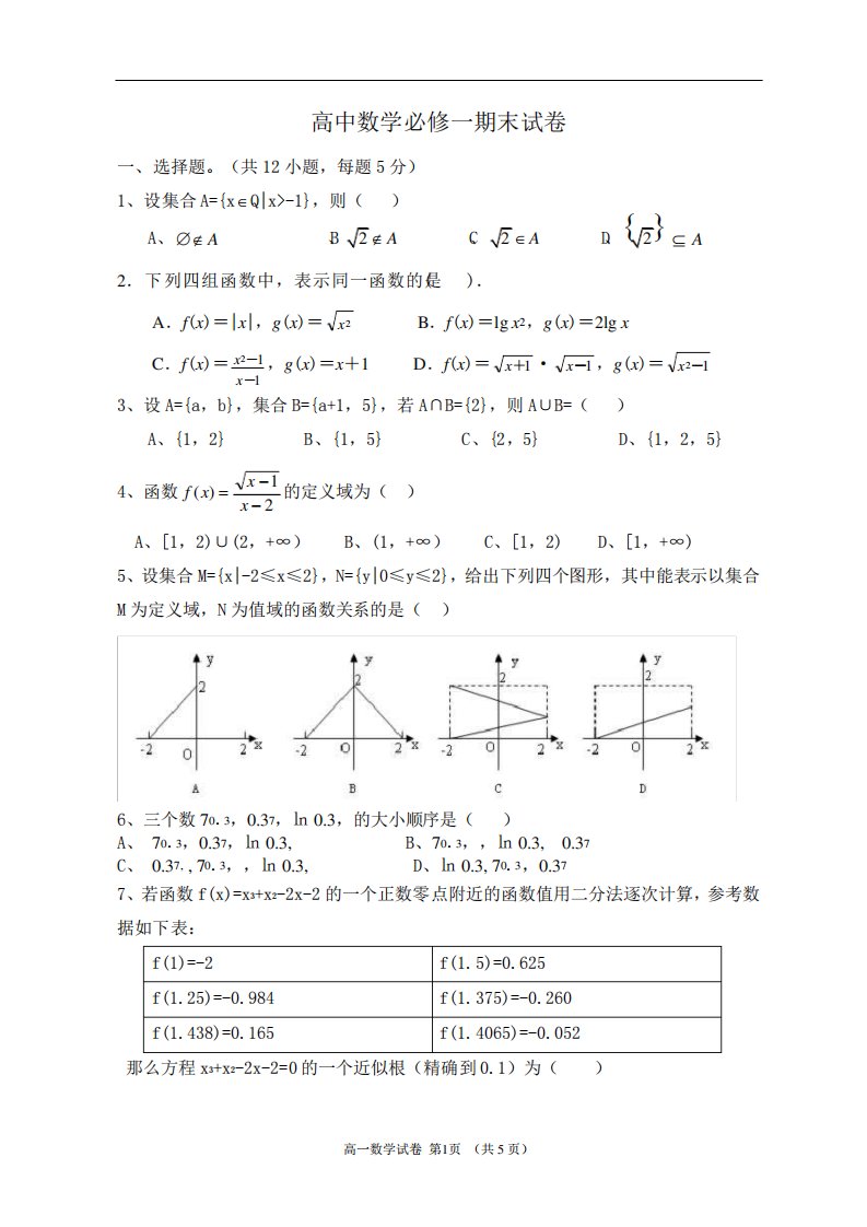 (完整版)高一数学必修1期末试卷及答案