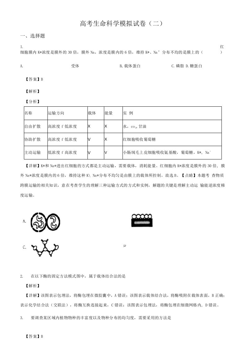 2020届上海市高三下学期全真模拟（二）生物试题（教师版）