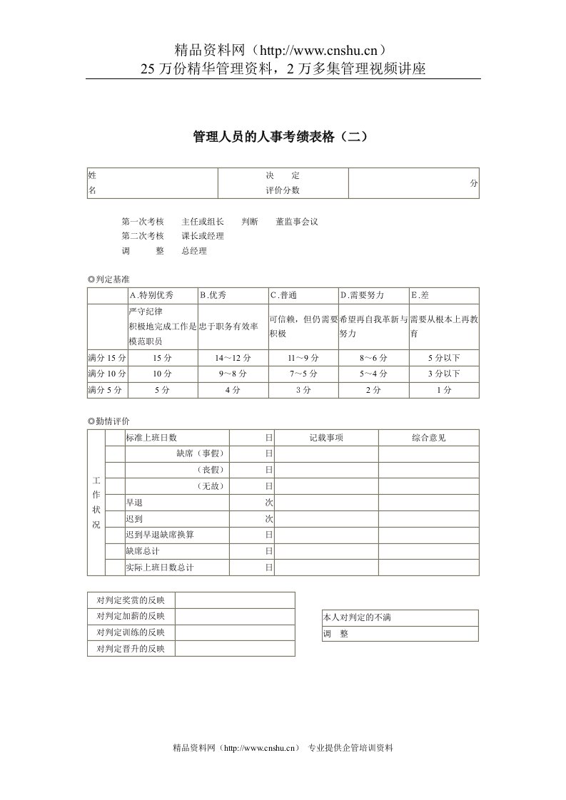 管理人员的人事考绩表格2（DOC