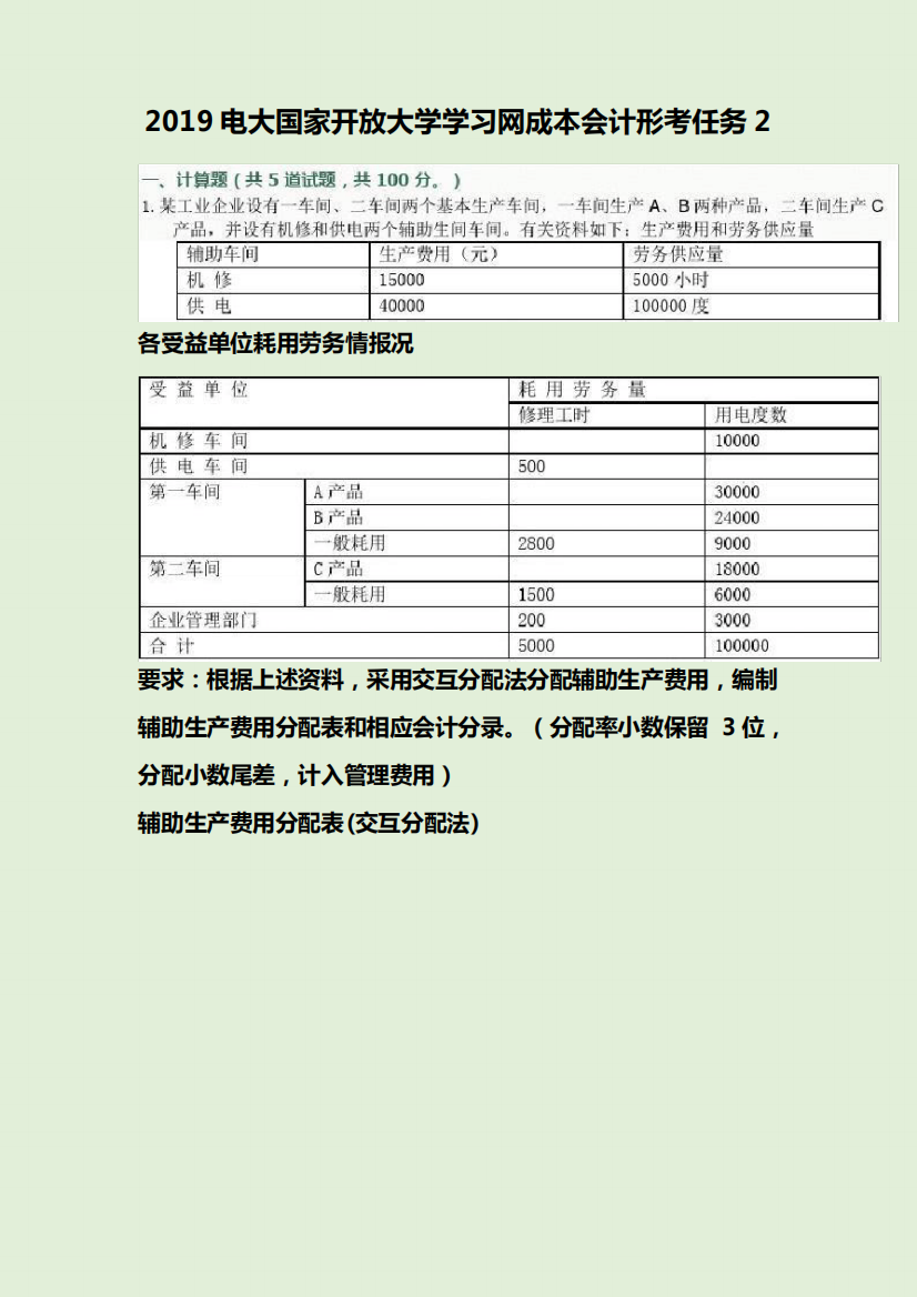 2019电大国家开放大学学习网成本会计形考任务2