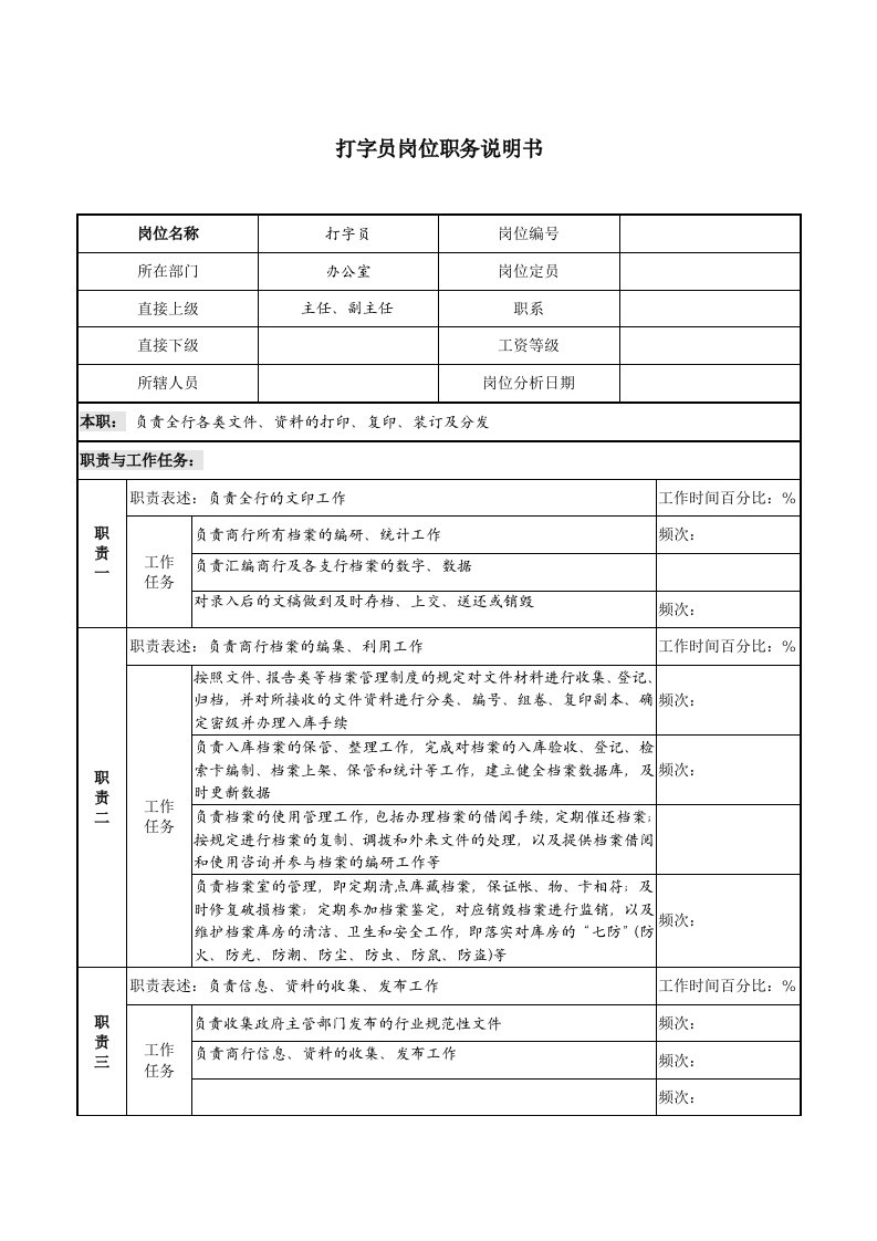 金融保险-某市商业银行办公室打字员岗位职务说明书