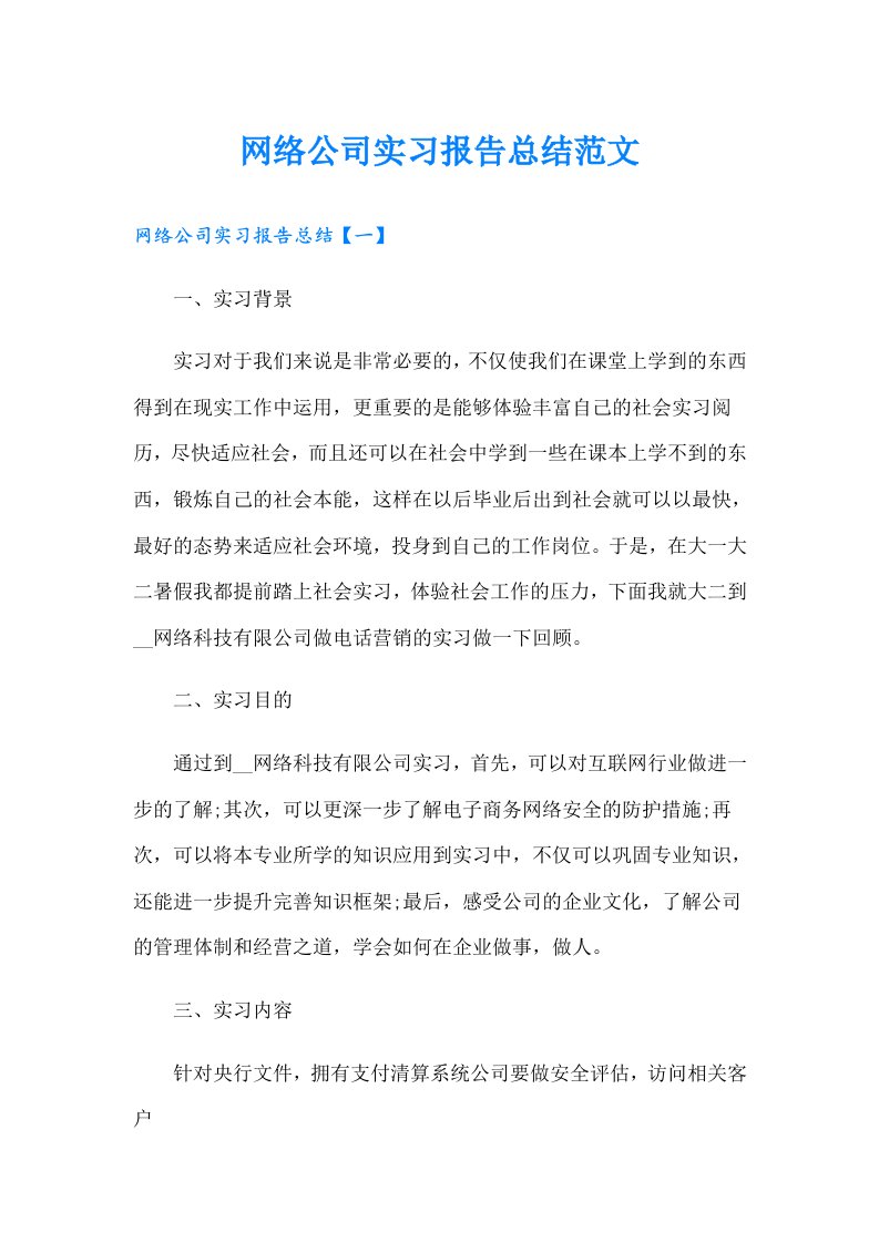 网络公司实习报告总结范文