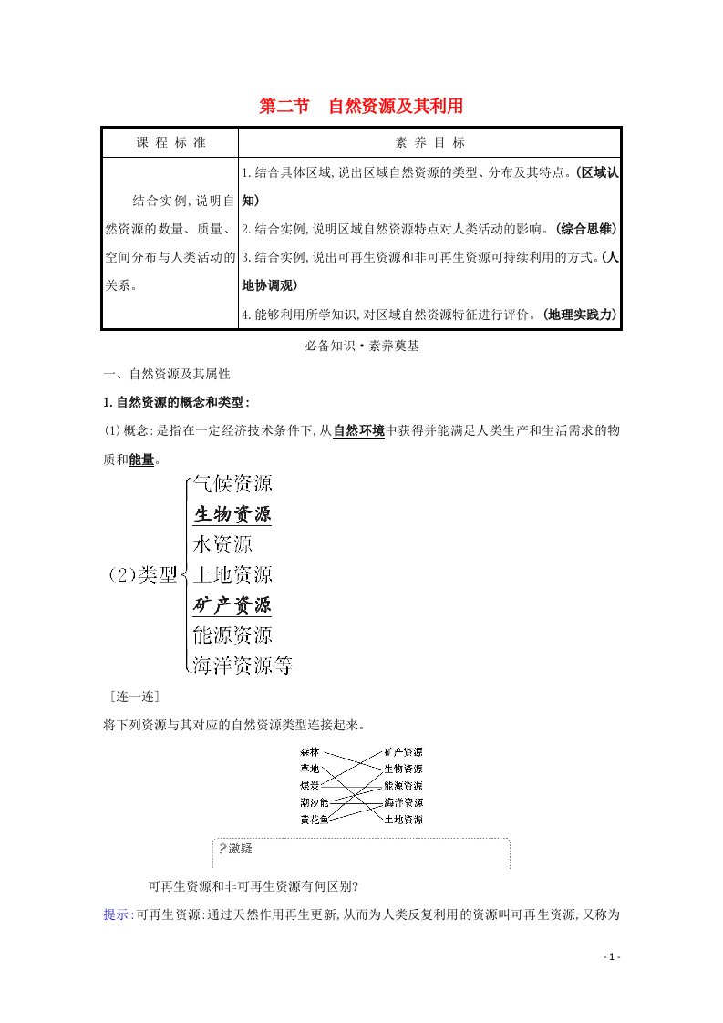 2020_2021学年新教材高中地理第一章自然环境与人类社会第二节自然资源及其利用学案新人教版选择性必修第三册