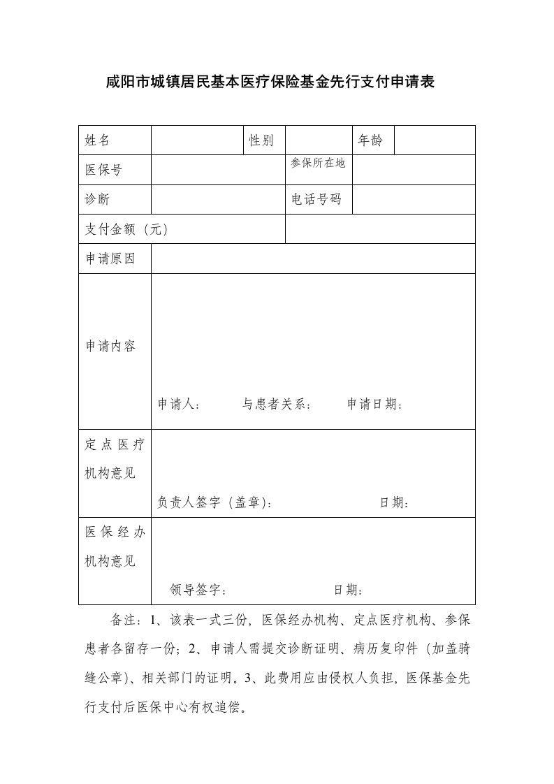 咸阳市城镇居民基本医疗保险基金先行支付申请表