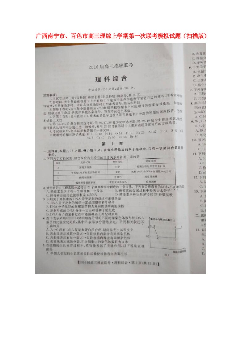 广西南宁市、百色市高三理综上学期第一次联考模拟试题（扫描版）