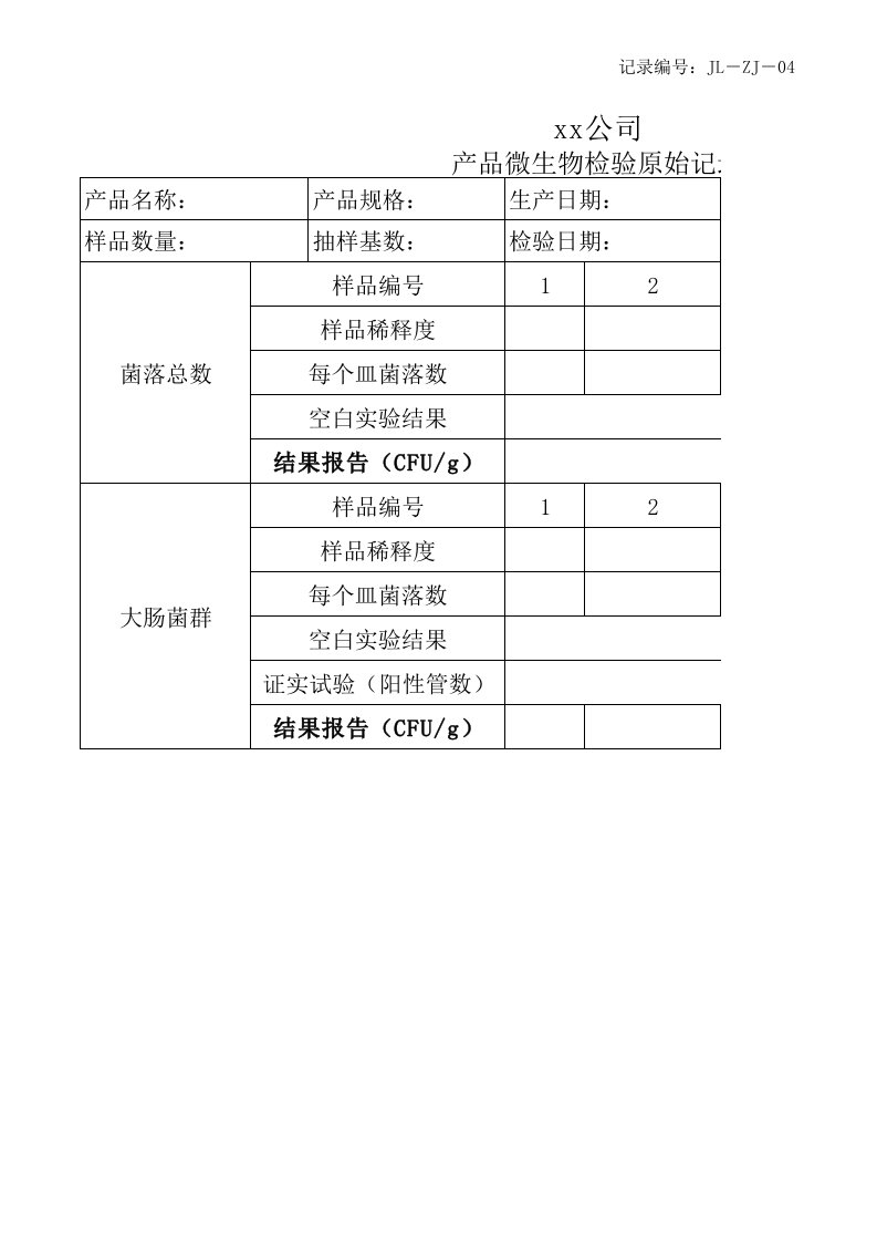 产品微生物检验原始记录