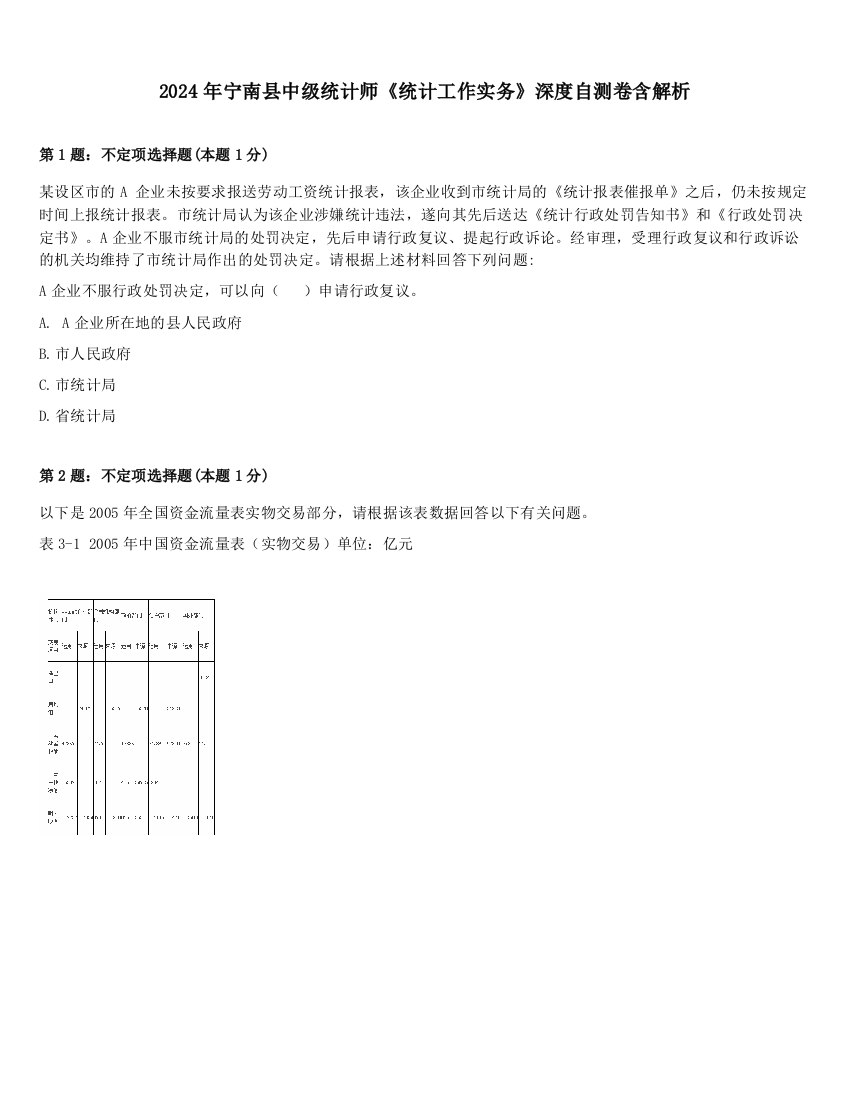 2024年宁南县中级统计师《统计工作实务》深度自测卷含解析