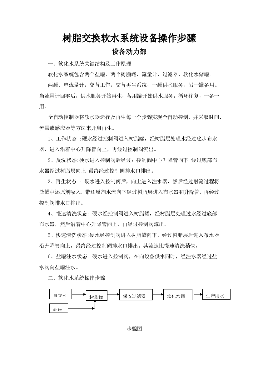 树脂软化水设备操作作业规程