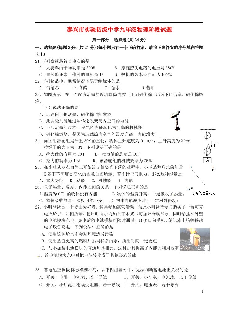 江苏省泰兴市实验初级中学九级物理上学期阶段考试试题