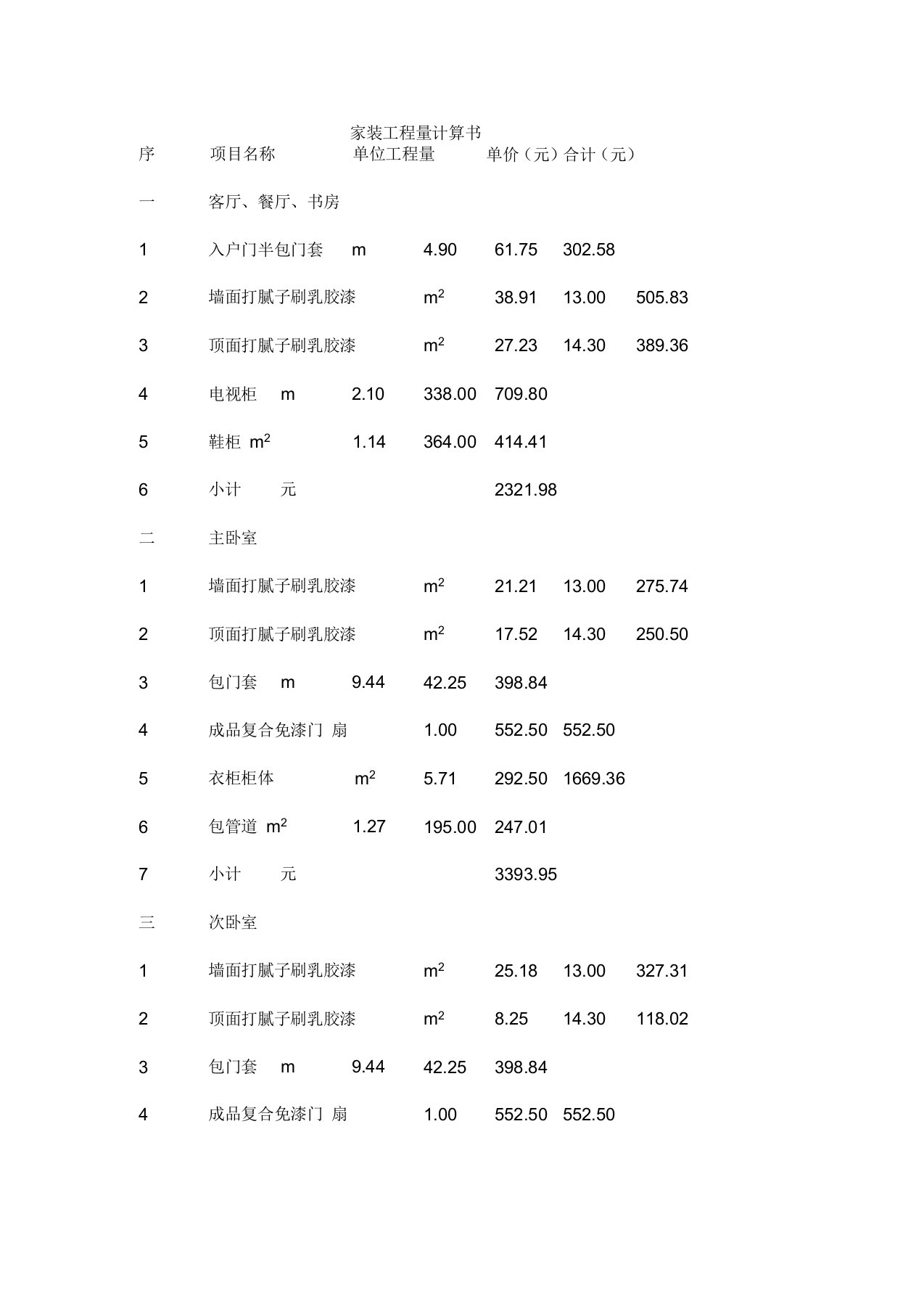 家装工程量计算书