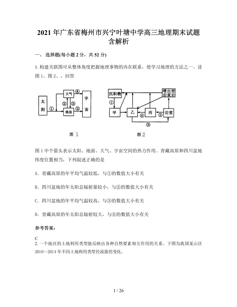 2021年广东省梅州市兴宁叶塘中学高三地理期末试题含解析