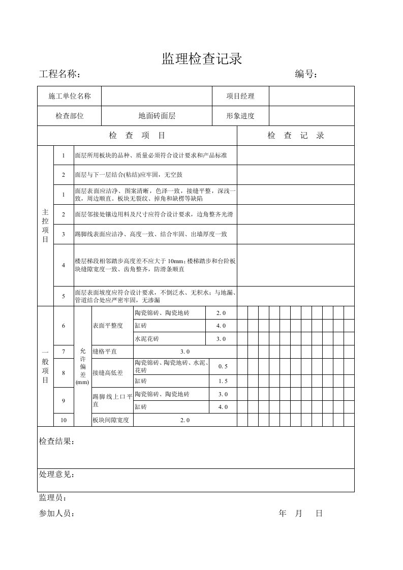 地面砖面层工程检验批质量验收记录表