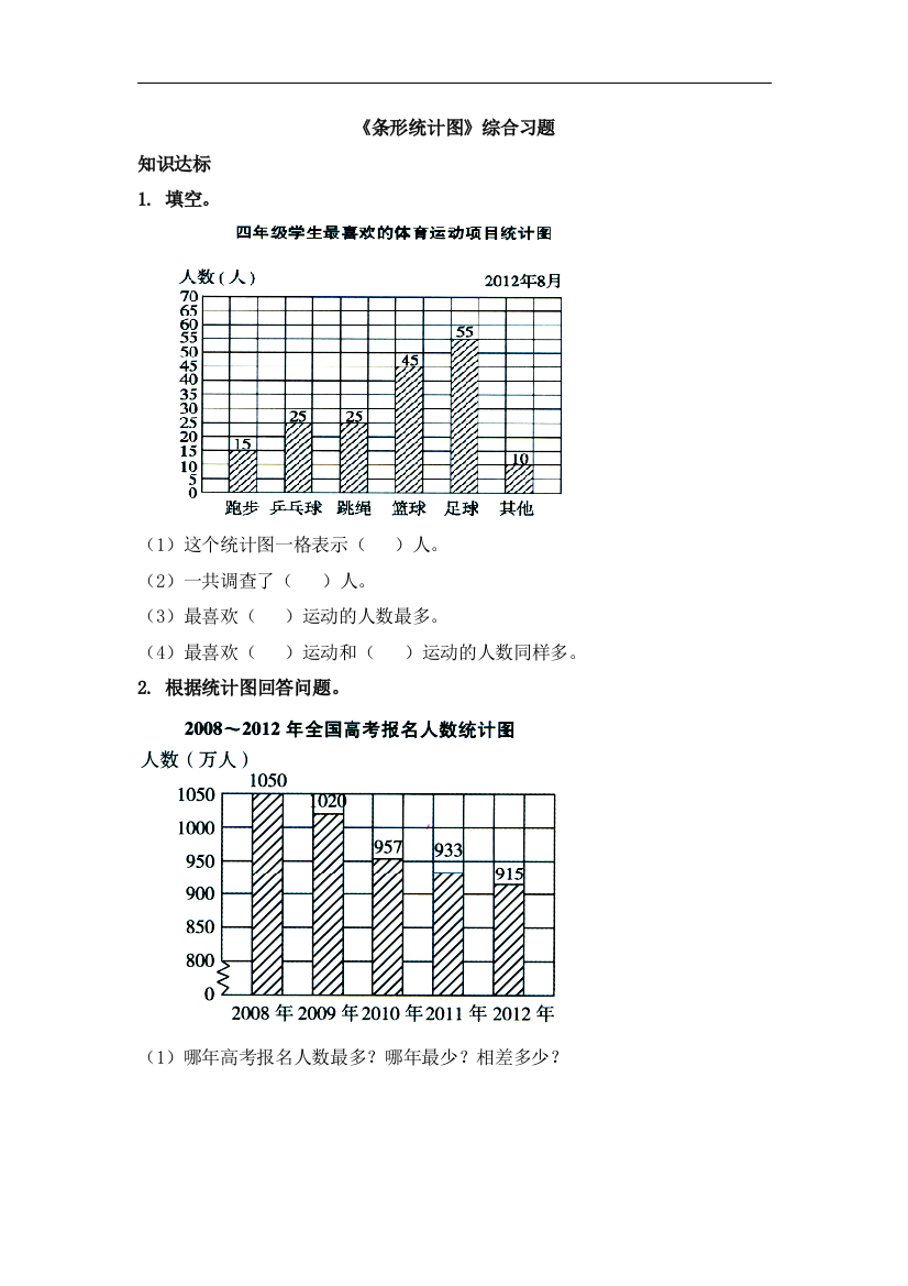 【小学中学教育精选】冀教版数学四年级上册第8单元《平均数和条形统计图》（条形统计图）综合习题1