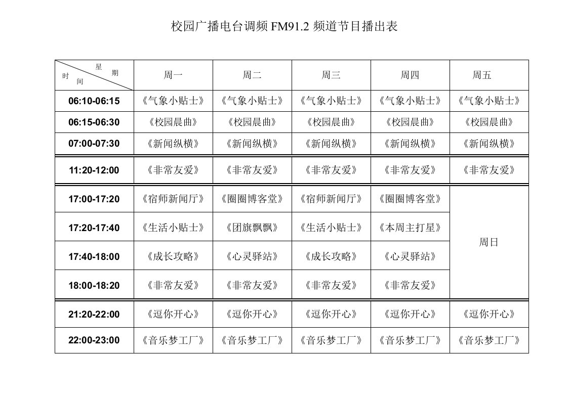 校园广播电台调频FM91节目表