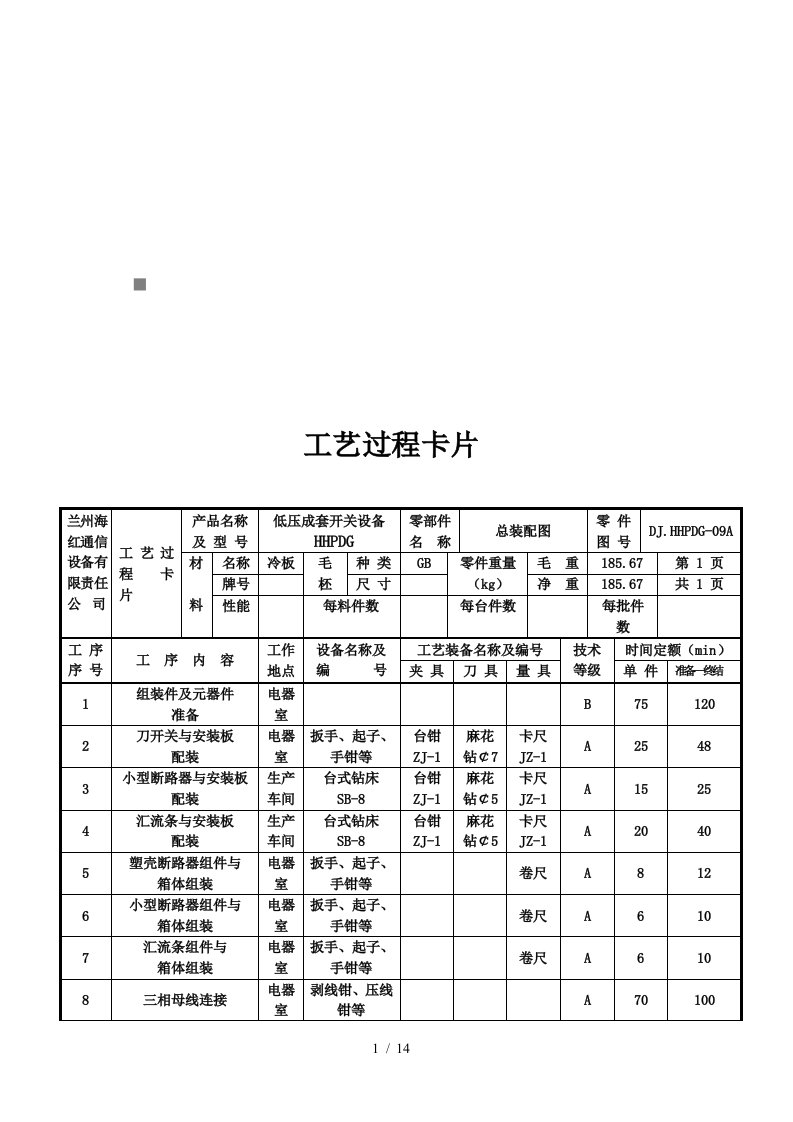 某公司工艺过程卡片