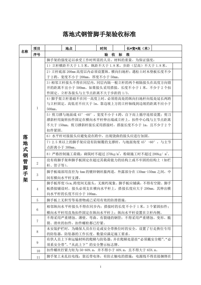 落地式脚手架验收标准