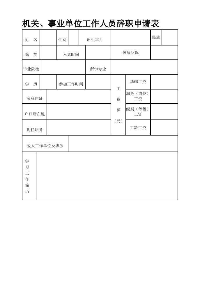 机关、事业单位工作人员辞职申请表