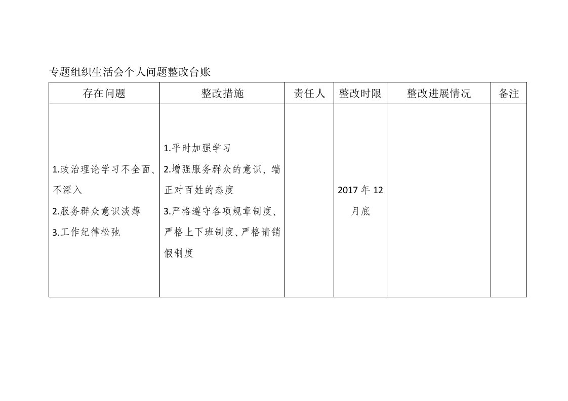 组织生活会问题整改台账