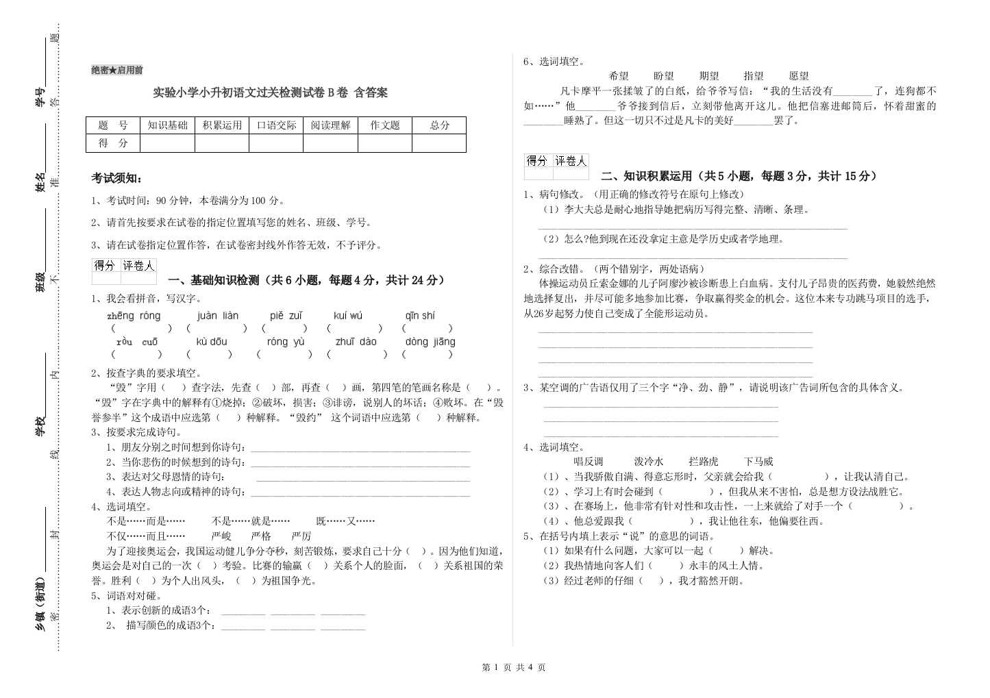 实验小学小升初语文过关检测试卷B卷-含答案