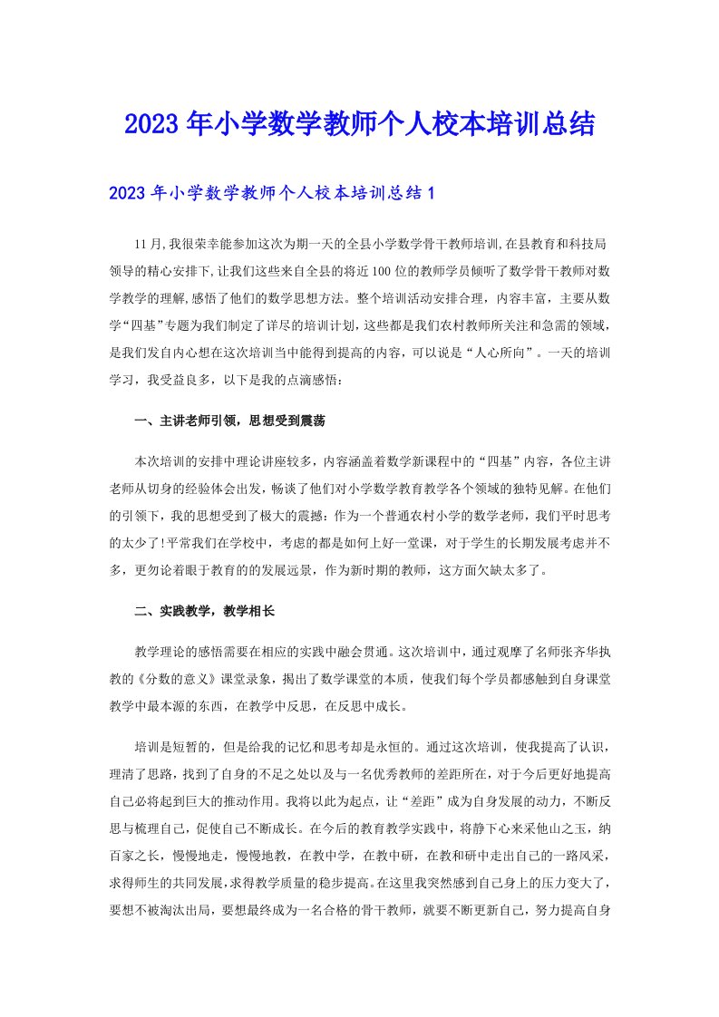 2023年小学数学教师个人校本培训总结