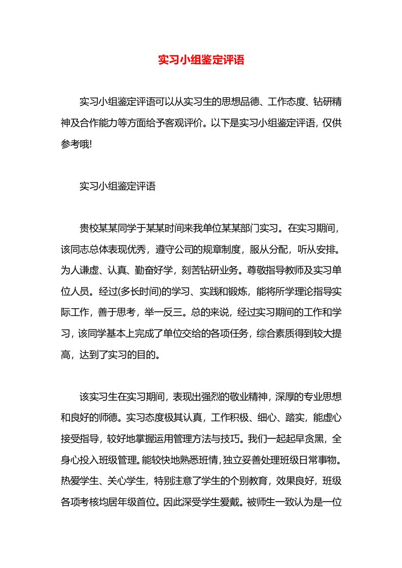 实习小组鉴定评语