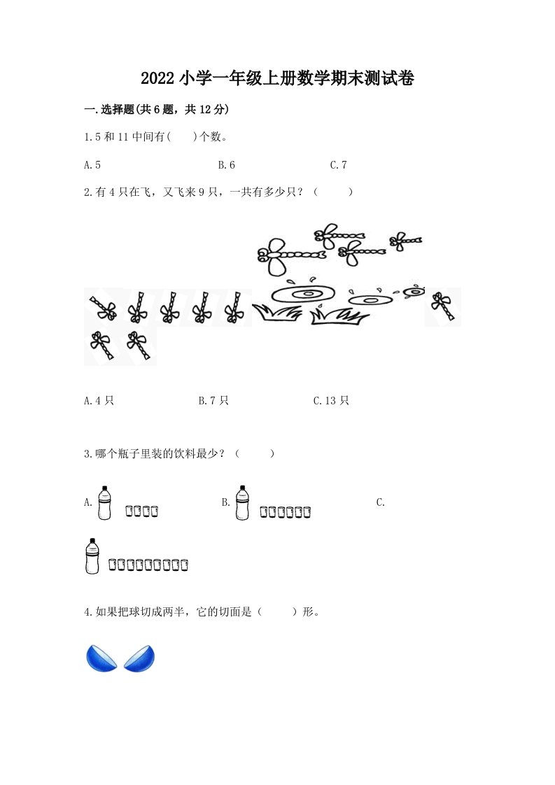 2022小学一年级上册数学期末测试卷及答案（各地真题）