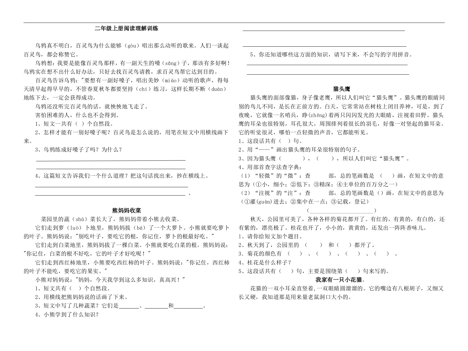 人教版-2017年部编版二年级语文上册-阅读理解专项练习