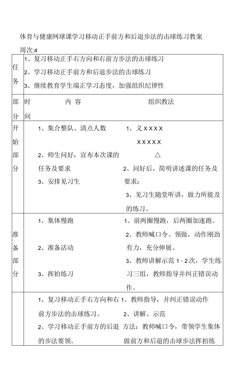 体育与健康网球课学习移动正手前方和后退步法的击球练习教案