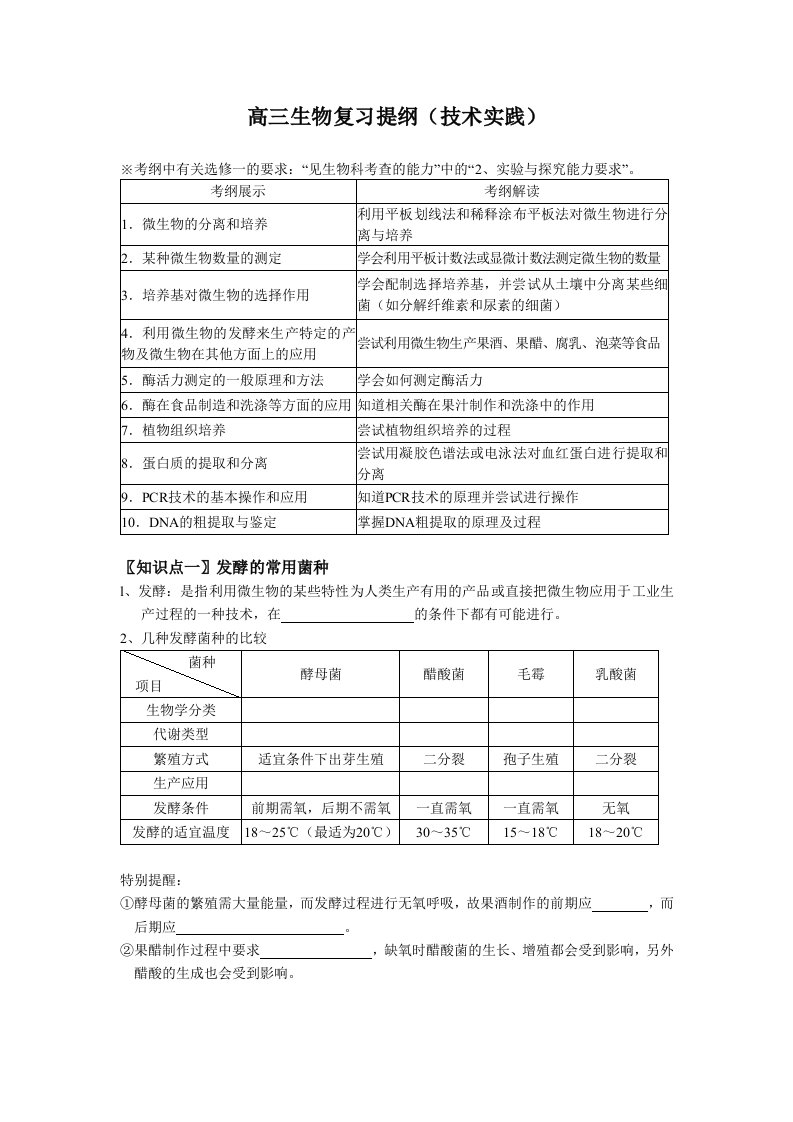 生物高三生物复习提纲技术实践