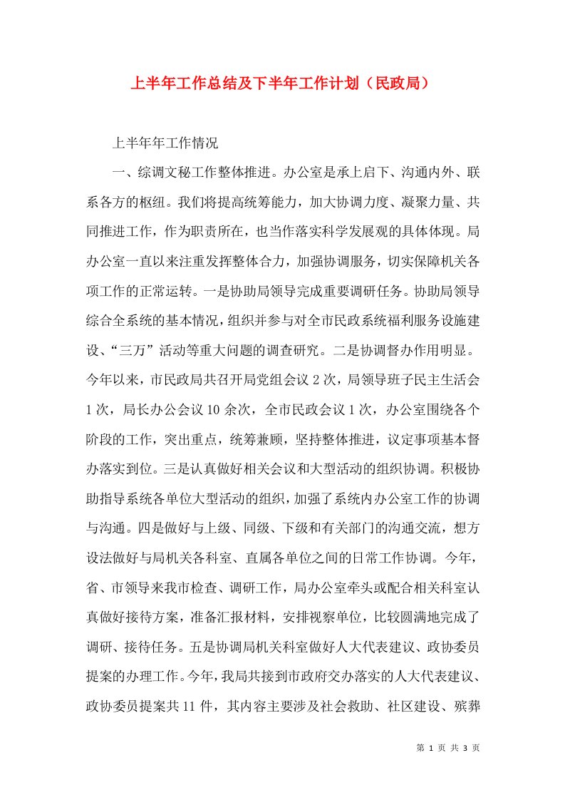 上半年工作总结及下半年工作计划（民政局）