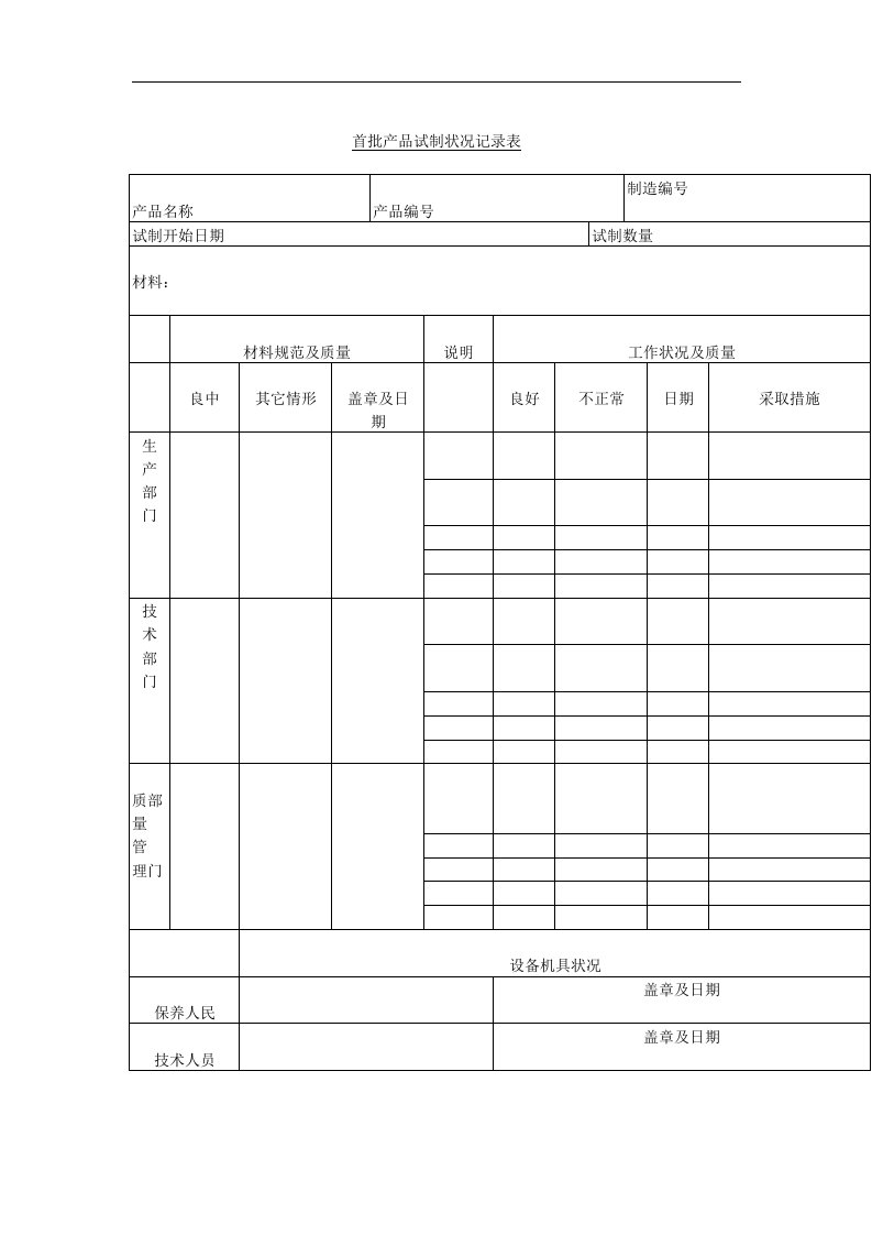 首批产品试制状况记录表